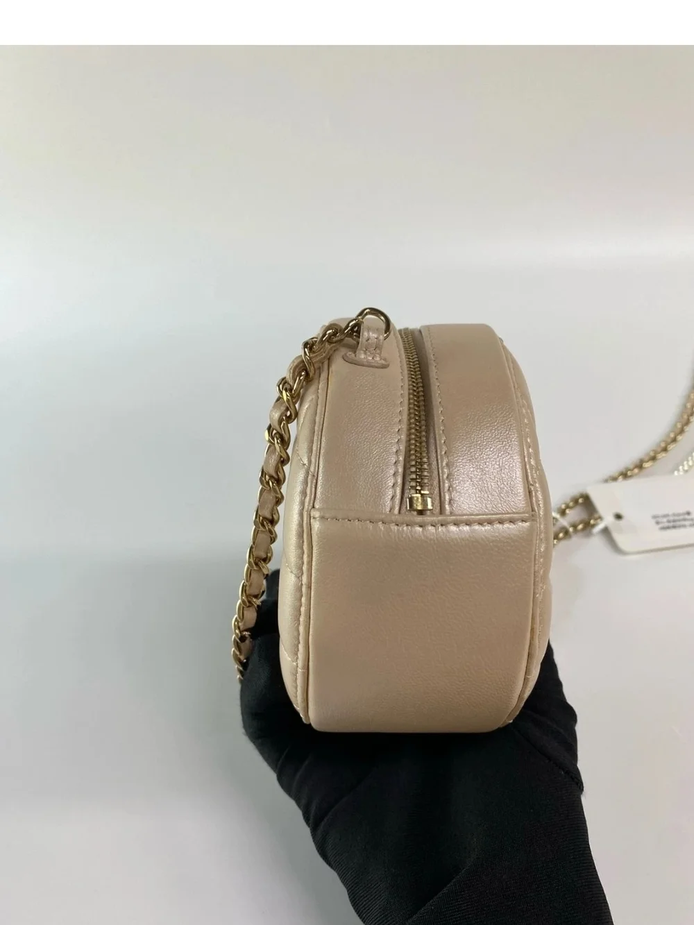 CHANEL Beige Iridescent Calfskin Quilted Round Pearl Chain Crossbody Bag